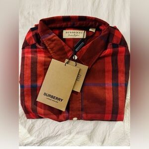 NWT Burberry Men’s Red Check Cotton Flannel Shirt Size M